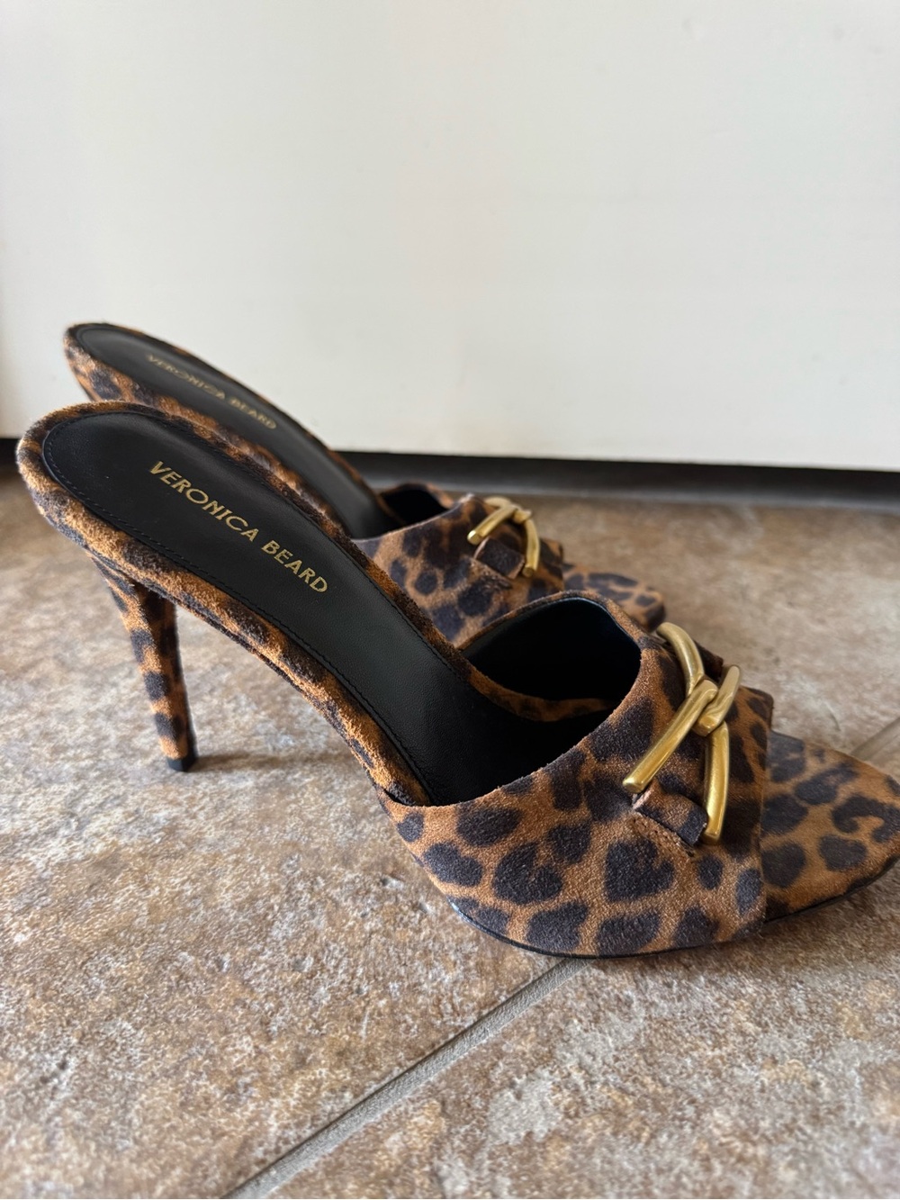 Veronica Beard Leopard-Print Suede Mule Heels with Gold Buckle - Picture 4 of 5